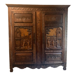 1940s Hand-Carved Solid Wood European-Style Armoire, Folk Art Panels For Sale
