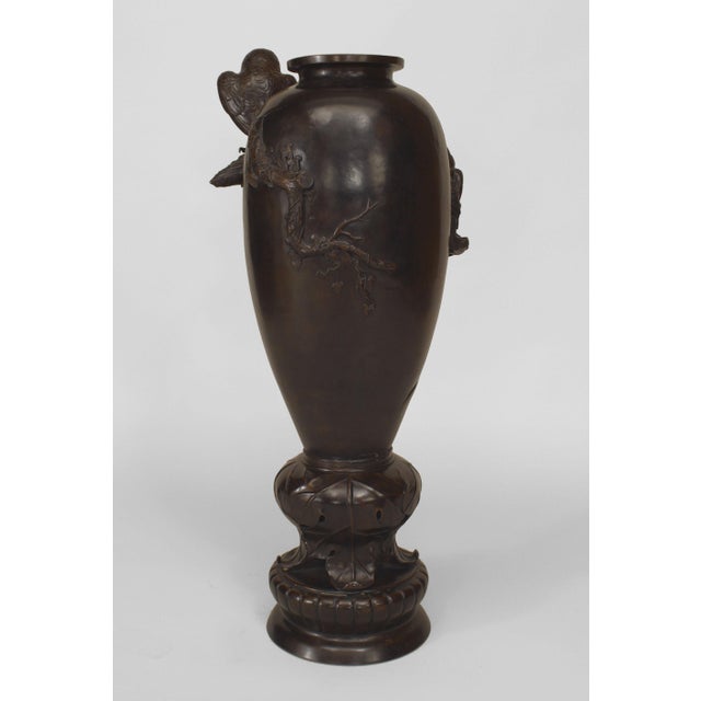 Asian Japanese Bronze Floor Vase With 2 Owls Figures Standing On