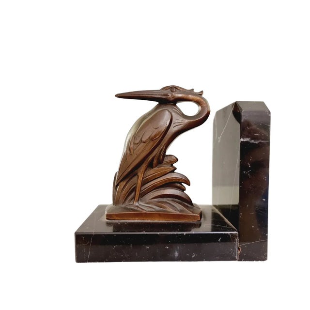 Art Deco Spelter on Marble Bookends with Cranes by Maurice Frecourt, France, 1920-1930s, Set of 2 For Sale - Image 3 of 6