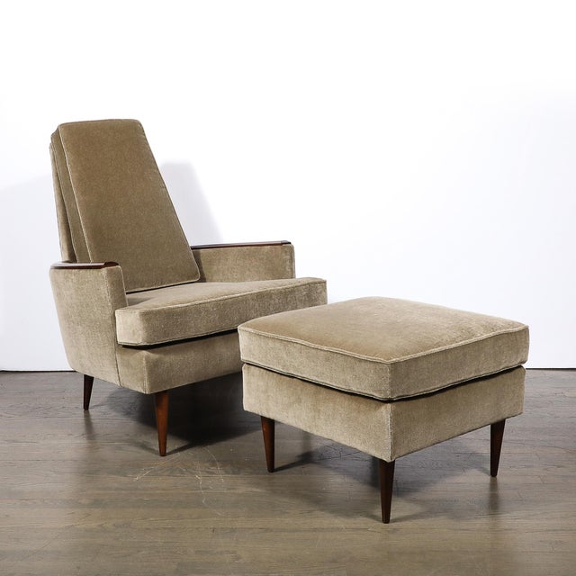 Mid-Century Walnut & Smoked Taupe Mohair Curved Arm Lounge Chair & Ottoman For Sale - Image 9 of 18