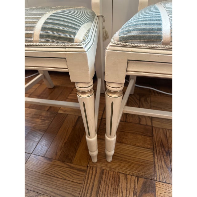 Two Bellman Chairs, White Lacquered With Gold Cilding, New Upholstered Seats and Chair Ties For Sale - Image 11 of 15