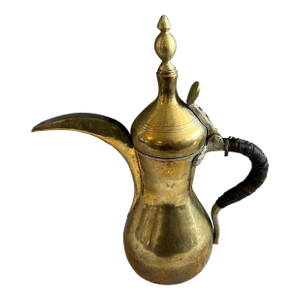 Large Antique Hand Crafted Arabian Dallah Coffee Urn 16" Middle Eastern Brass Plated Coffee Pot Hinged Lid Hand Woven Leather Handle Worn