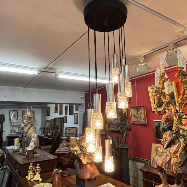 Wavy Metal and Glass Adjustable Chandelier, 1970 For Sale - Image 4 of 11