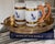 Here is a delightful set of Siesta Ware wood-handled mugs with brass accents in a maritime, nautical motif with blue...