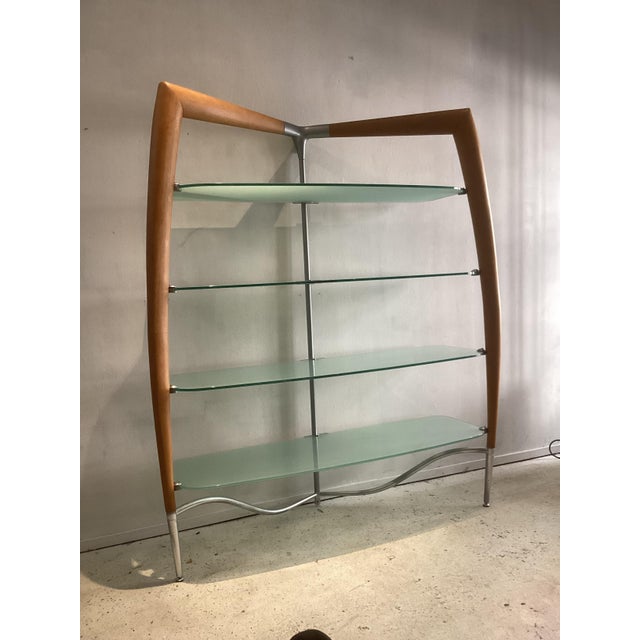 Italian Cherry Wood Wall Unit with Lacquered Back Panel and Glass Shelves, 1980s, in Good conditions. Designed 1980 to 1989