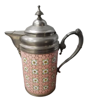 Antique American Manning, Bowman & Co. Pewter Trimmed Graniteware Pink Enameled Tea Pot