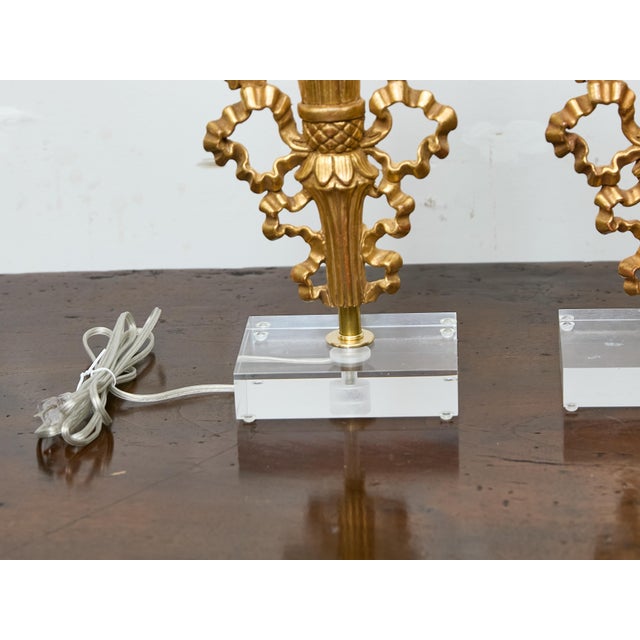 19th Century French Giltwood Floral Fragments Made into Lamps on Custom Lucite Bases - a Pair For Sale - Image 10 of 12