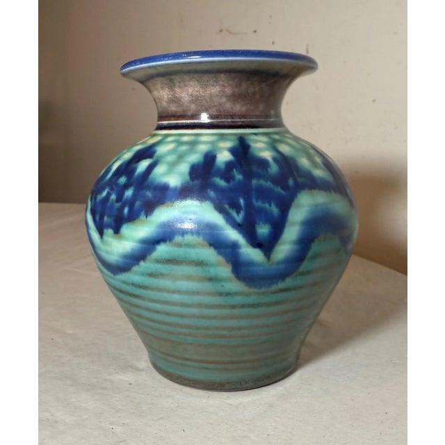 Art Deco Share Original John Preschutti Graeagle Oktoberfest 97 Blue Glazed Pottery Vase For Sale - Image 3 of 9