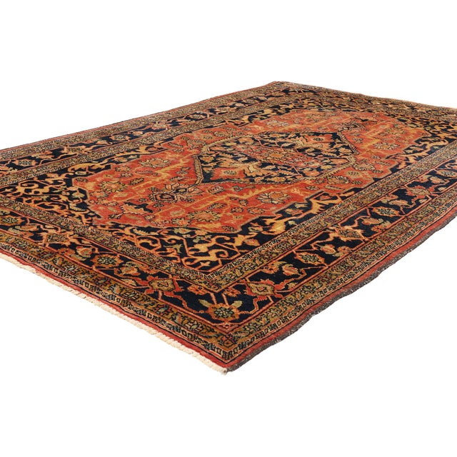 79085 Vintage Persian Heriz Rug, 05'04 x 08'03. This exquisite hand-knotted wool vintage Persian Heriz rug is a striking...