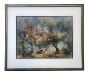 Vintage Large Impressionist Watercolor Landscape of Trees by Mary Robbins