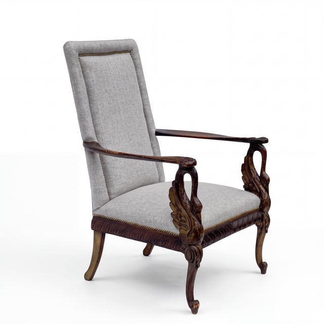 Light Gray 19th-C. Italian Neo-Classical Style Walnut Swan Form Bergere Chair For Sale - Image 8 of 12