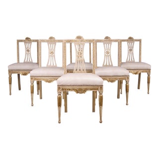 Antique Swedish Gustavian Style Lindome Painted Dining Chairs/ W Beige Leather - Set of 6 For Sale