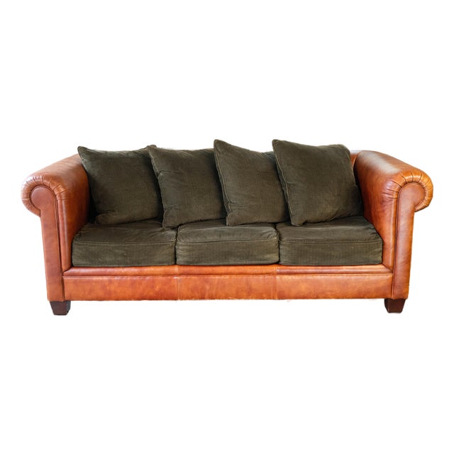 Ralph Lauren Chesterfield Cognac Leather and Corduroy Sofa For Sale