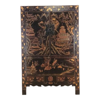 Vintage Chinese Gilt and Black Lacquered Wedding Cabinet, Circa 1960 For Sale