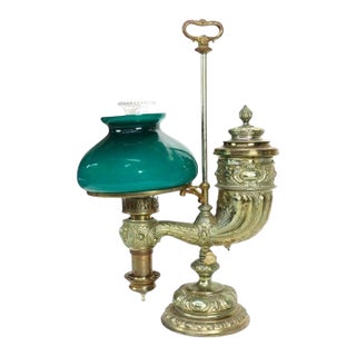 Late 19th Century Victorian Silvered Cornucopia Student Lamp With Emerald Shade For Sale