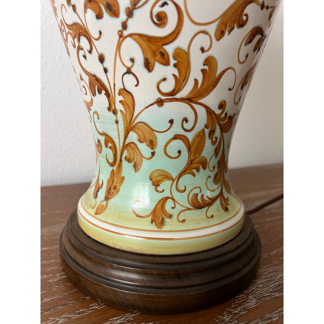 Antique White Vintage Hand-Painted Italian Style Ceramic Table Lamp With Ochre Scrollwork & Celadon Green Accents For Sale - Image 8 of 11