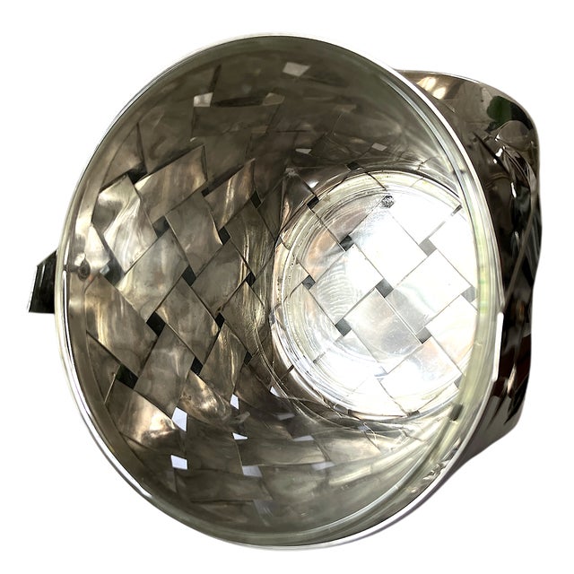 1960s Vintage Cartier Style Silver Plated Basket Weave Ice Bucket or Cache Pot With Handle and Glass Insert For Sale - Image 5 of 8