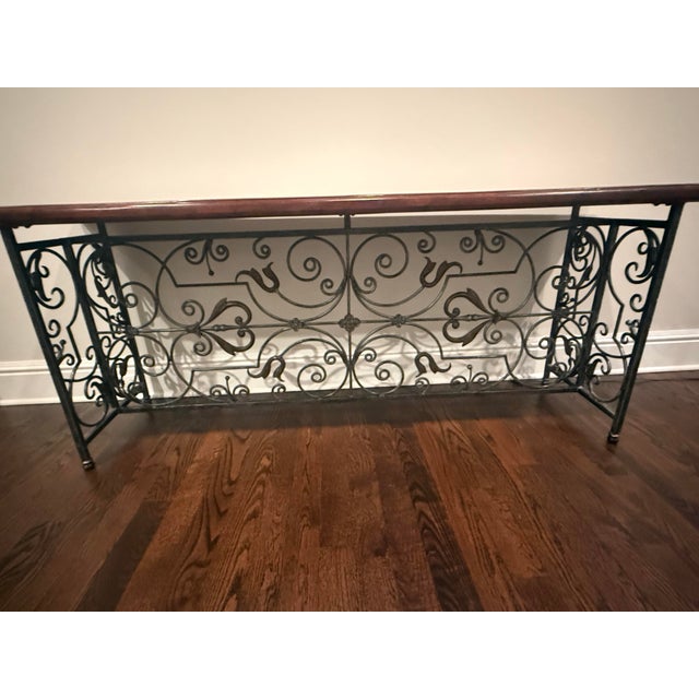 Chestnut Antique French Italian Console Table With a Hand-Forged Wrought Iron Base For Sale - Image 8 of 9