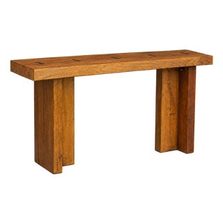 Belgian Style 1970s Reclaimed Wood Console Table With Brass Butterfly Key Inlays For Sale