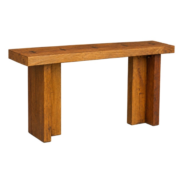 Belgian Style 1970s Reclaimed Wood Console Table With Brass Butterfly Key Inlays For Sale