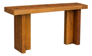 Belgian Style 1970s Reclaimed Wood Console Table With Brass Butterfly Key Inlays