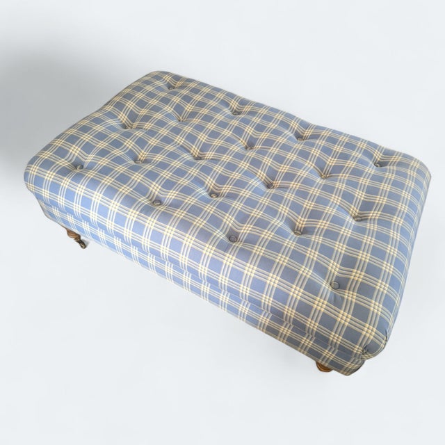 English Traditional Style Plaid Tufted Cocktail Ottoman With Brass Castors For Sale - Image 9 of 9