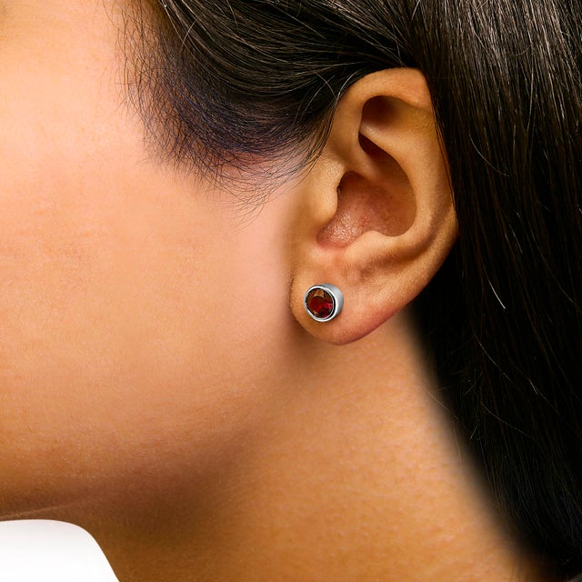 .925 Sterling Silver 6MM Bezel Set Created Red Garnet Solitaire Stud Earrings, A Pair For Sale - Image 4 of 5