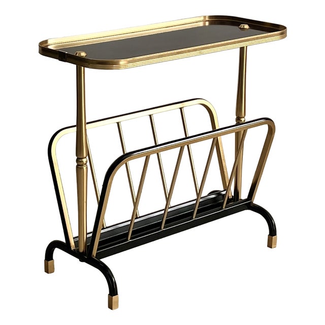 Mid-Century Modern Side Table with Magazine Rack in Brass and Black Lacquered Metal, 1950s For Sale