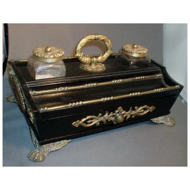 Antique 19th Century English Regency Ebonized and Mounted Encrier Inkwell Stand For Sale - Image 4 of 7