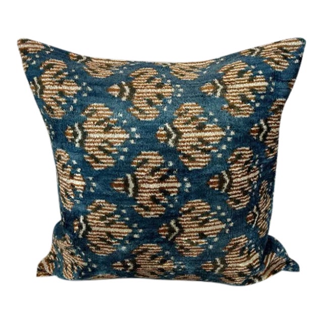 Turkish Modern Blue Multicolor Velvet Silk Ikat Pillow Cover For Sale