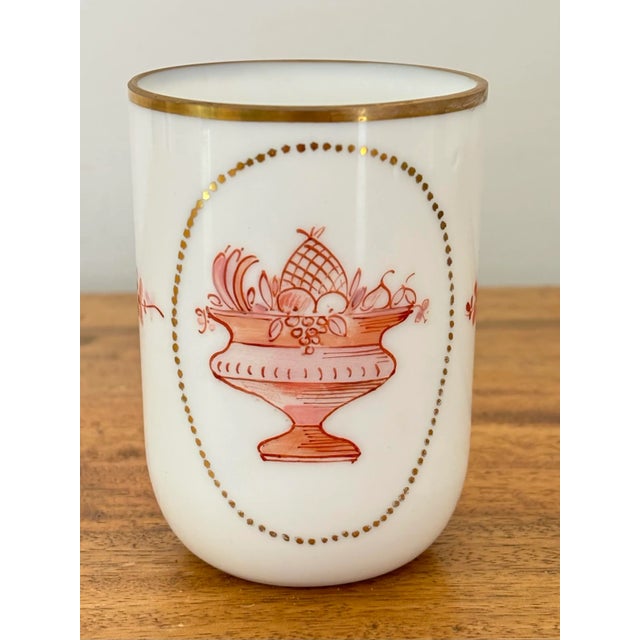 Orange Early 20th Century Semi Opaque Glass Vessel Cup With Hand-Painted Fruit Bowl Motif For Sale - Image 8 of 8