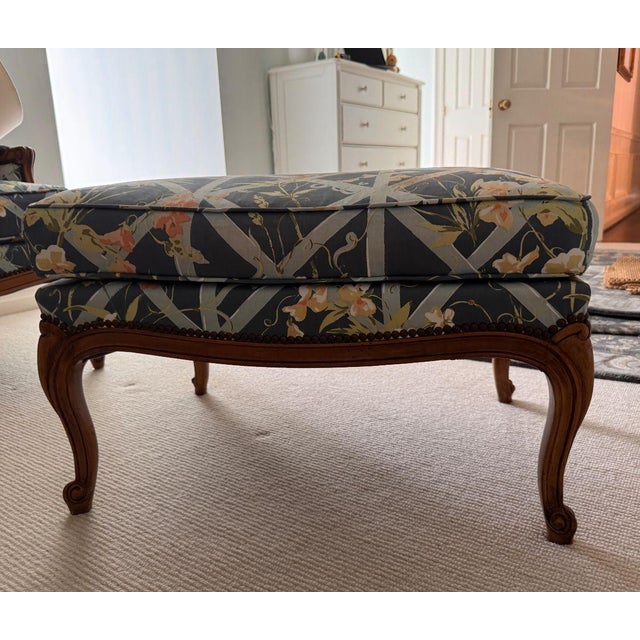 Baker Furniture Company Baker Furniture French Provincial Wingback Bergère & Ottoman in Floral Trellis Print For Sale - Image 4 of 12