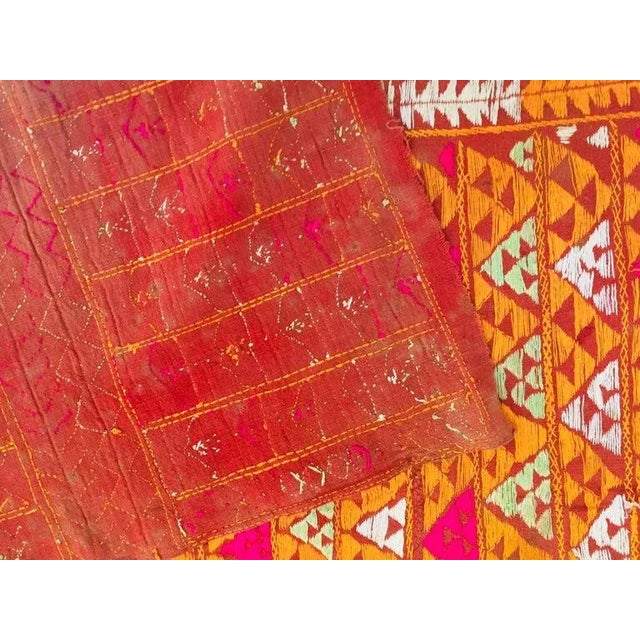 Red Antique Phulkari Wedding Shawl, Orange Silk Embroidery on Cotton For Sale - Image 8 of 13