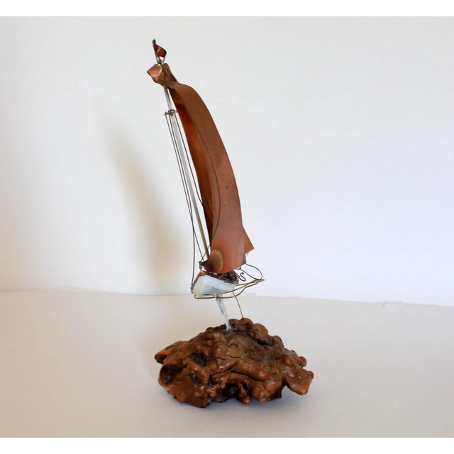 Mid-Century Brutalist Burlwood & Copper Sailboat For Sale - Image 4 of 13