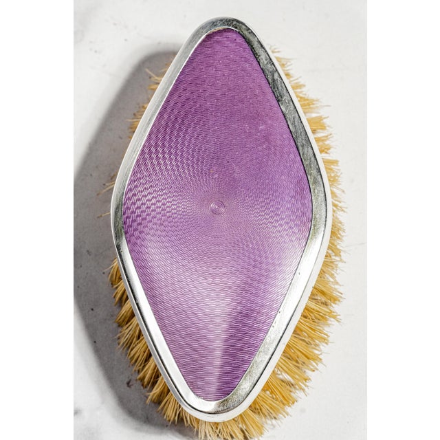 Wonderful Antique English Hallmarked Sterling Silver Vanity Brush Set Presentation Box Purple Celluloid Guilloché Style Edwardian Home Decor For Sale In New York - Image 6 of 18