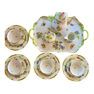 Mid-20th Century Herend Hungary "Queen Victoria" Hand-Painted Porcelain Tea Service With Serving Tray - 18 pcs For Sale