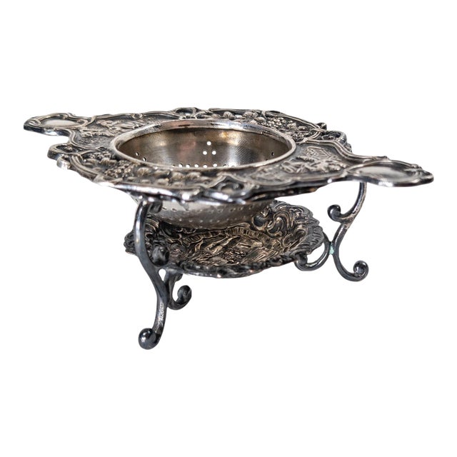 19th or 20th Century Silverplate Tea Strainer and Stand For Sale