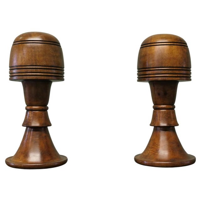Brown Large Turned Oak Wig Stands or Hat Displays, 1950, Set of 2 For Sale - Image 8 of 8