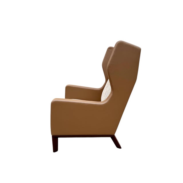 Holly Hunt Holly Hunt Darder Leather Wingback Chairs and Ottoman For Sale - Image 4 of 9