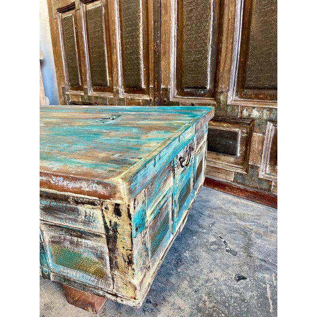 Rustic Vintage Chest Wedding Trunk With Blue Patina For Sale - Image 4 of 7
