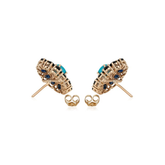 6.46ct Turquoise Sapphire Diamond Halo Floral Cluster Stud Earrings in 14k Gold-a Pair For Sale - Image 9 of 14