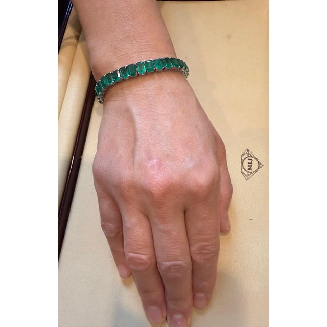 40 Ct Natural Emerald Cut Emerald Cocktail Tennis Bracelet 14 Kt White Gold 7.5" For Sale - Image 14 of 18