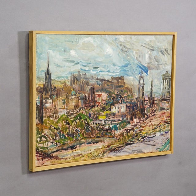 Cityscape Edinburgh – Oil Painting by Alexander Michael, 1977 This expressive cityscape captures the distinctive skyline...