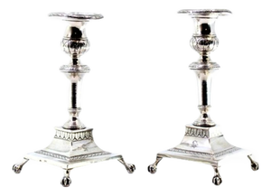 Low Engraved Silver Candlesticks with Claw-Shaped Feet, Set of 2