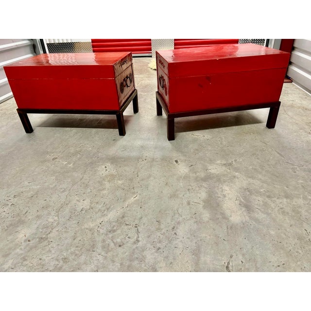 Wood Fabulous Vintage Chinese Lacquered Pigskin Trunks, A Pair For Sale - Image 7 of 12