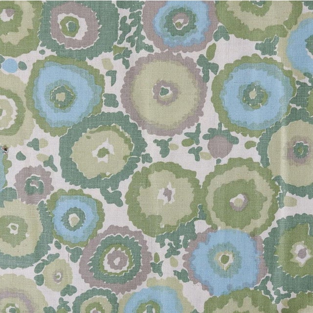 Vintage Mid 20th Century Green Blue Mod Floral Linen Fabric Remnant ...
