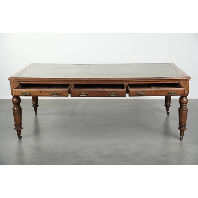 Antique English Writing Desk on Wheels with Drawers and Green Leather Top For Sale - Image 3 of 14