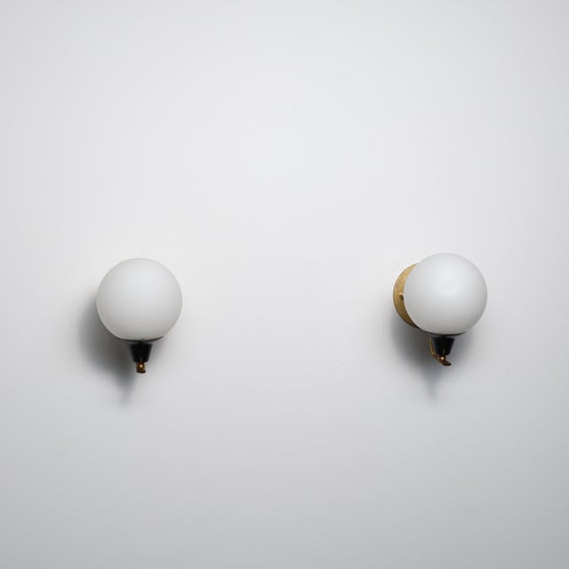 Vintage Italian Wall Sconces in Brass and Opaline Glass, 1950s, Set of 2 For Sale - Image 10 of 12