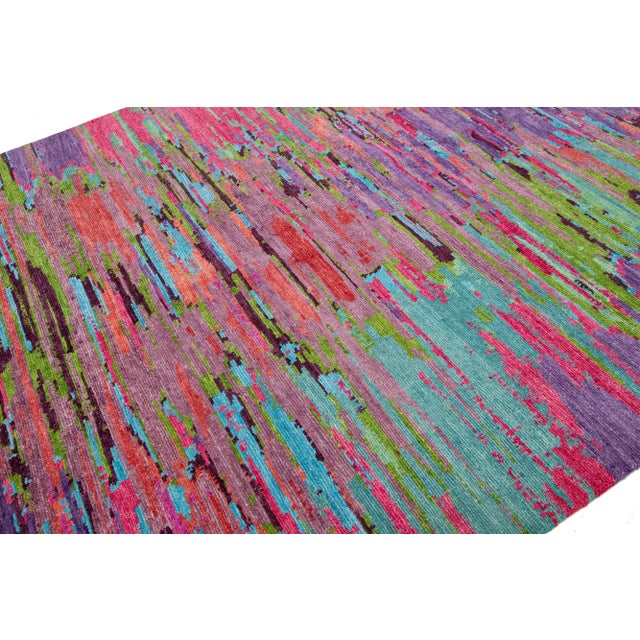 Abstract Modern Handmade Texture Wool Rug With Multicolor Field For Sale In New York - Image 6 of 9