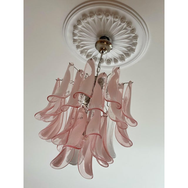 Pair of two Small Bold Colorful Pink Murano Chandeliers. Petal Formed Glass Prisms in Traditional Italian Mid-Century...